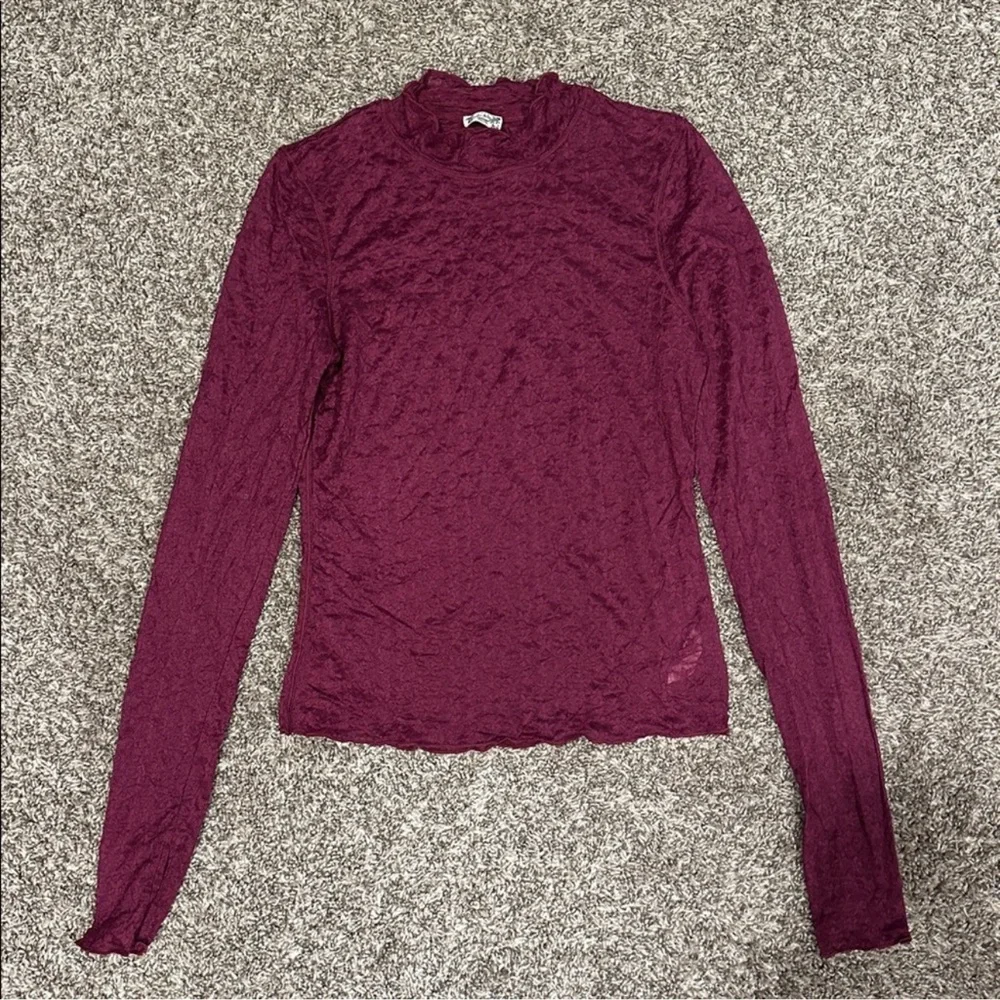 Free People From The Start Lace Textured Long Sleeve Layering Top in Burgundy